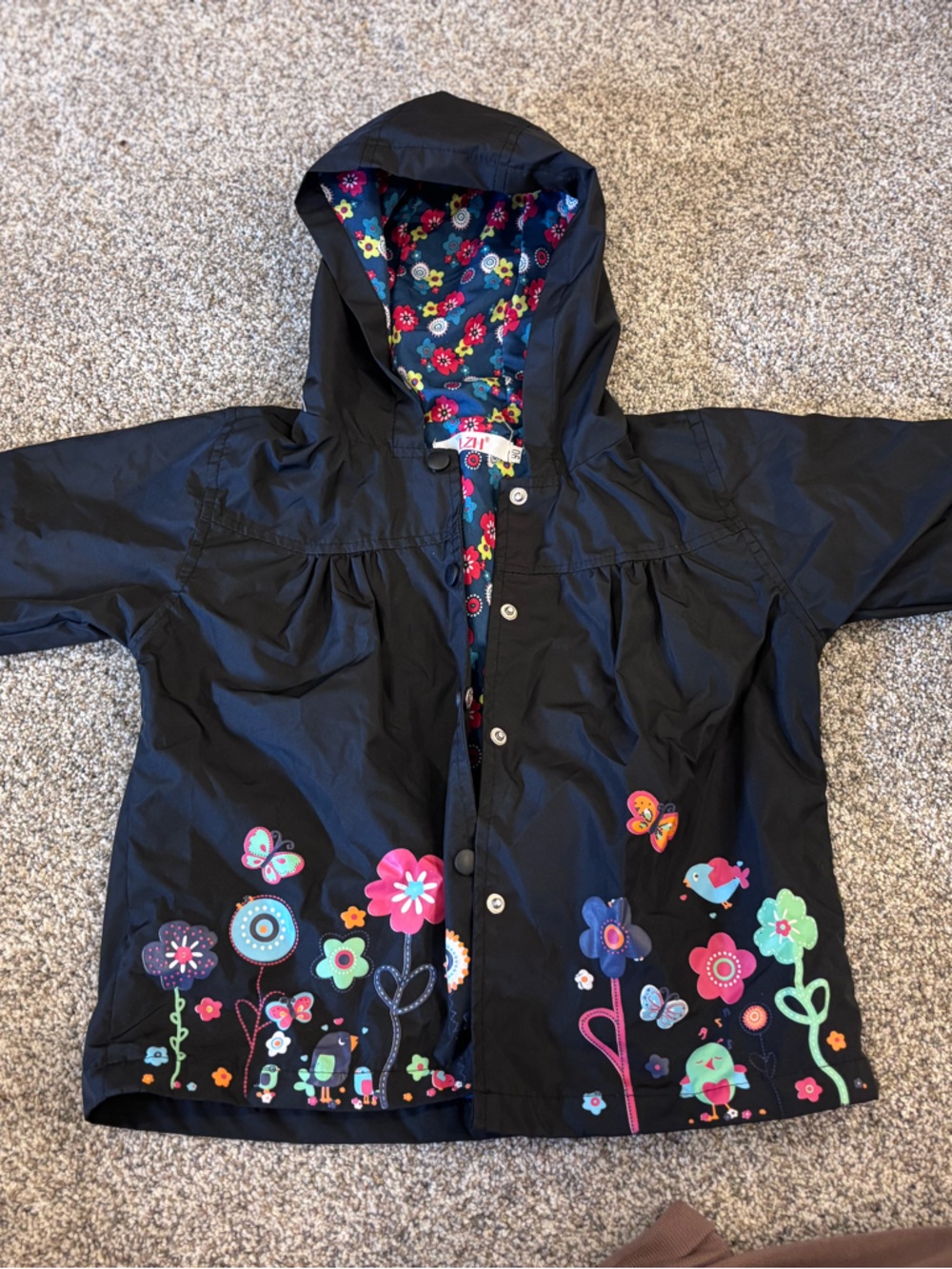 Girls' Black Floral-Trim Hooded Trench Coat